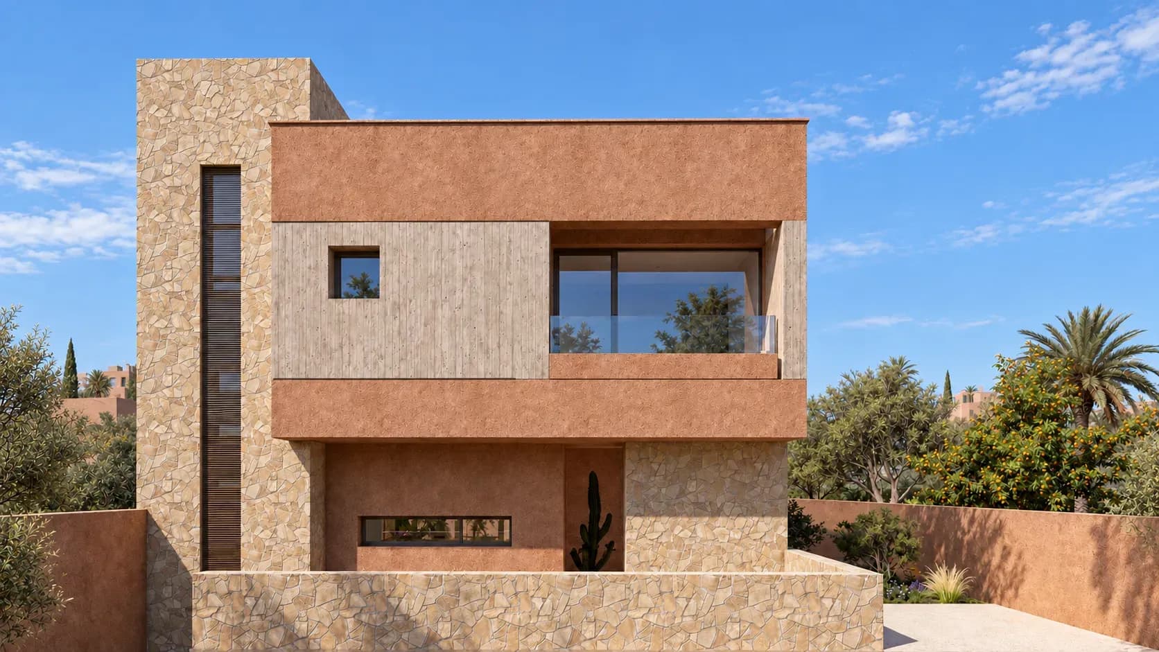 Villa A.A à Marrakech, perspective 3D de la façade principale en pierre, bois et enduit ocre